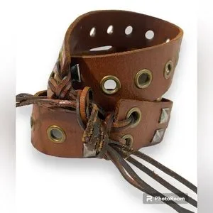 LEVI\'S Vtg Women Double Linea Gold Silver Tone Studded Leather Belt Fringes XL Women main image 4